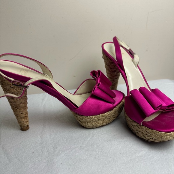 STUART WEITZMAN Fuchsia hot pink satin BOW espadrilles heels size 8.5 coquette - Picture 10 of 15